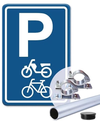 Parkeerbord Brommer en Fiets - blauw - Weerbestendig Aluminium - 30x45 cm - Bevestiging: Met paal 150 cm + paalbeugels + paaldop