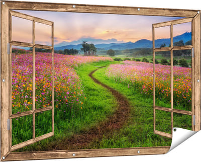 Gards Tuinposter Doorkijk Kosmos Bloemenveld met een Pad - Bloemen - 150x100 cm - Tuindoek - Tuindecoratie - Wanddecoratie buiten - Tuinschilderij