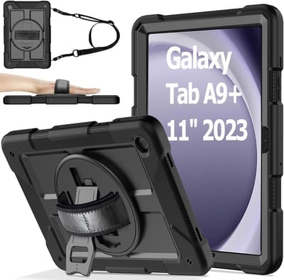 Hoes met ingebouwde Screenprotector Geschikt voor Samsung Galaxy A9 Plus hoes Extreme Armor met screenprotector, Schouderiem, Handriem en Pencilhouder hoes - voor Horeca en Bouw - Zwart