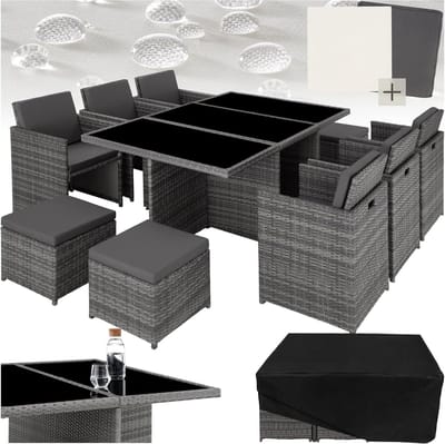 Polyrotan Tuinmeubelset 10 Personen 268 x 230 x 82 cm 6 Stoelen, 4 Krukken en Tafel met Glasplaat Incl. Hoezen Grijs - Urbanhome