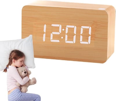 Digitale Houten Wekker - Elektrisch Bureauuurwerk - Wakker Worden - Geluidsgestuurde Verlichting - 120x80x70 mm - Houtkleur