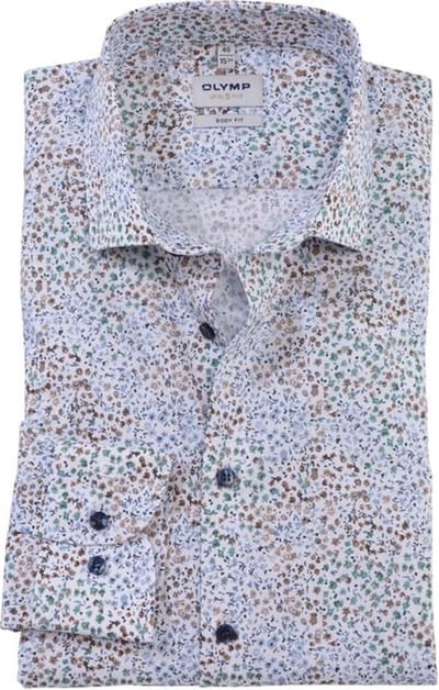 OLYMP Level 5 body fit overhemd - popeline - brui - groen - blauw en wit bloemetjes dessin - Strijkvriendelijk - Boordmaat: 43