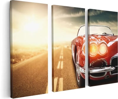 Artaza Canvas Schilderij Drieluik Oude Rode Auto - Retro - 120x80 - Foto Op Canvas - Canvas Print