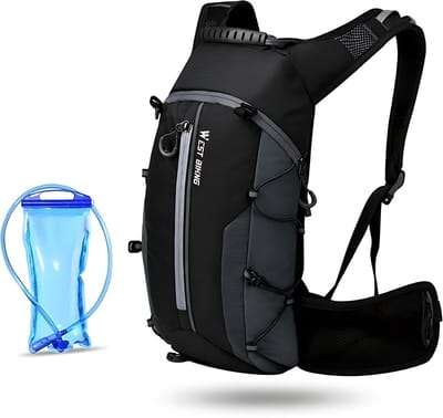 CarryQuest® - 16L Opvouwbare Fietsrugzak + 2L Waterzak - Waterafstotende Nylon Hydratierugzak met Ademend Rugpaneel, Borstband & Heuptas - 44x26x9 cm - Zwart/Grijs