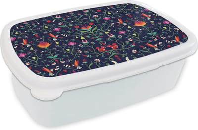 Broodtrommel Wit - Lunchbox - Brooddoos - Bloemen - Eekhoorn - Patronen - 18x12x6 cm - Volwassenen