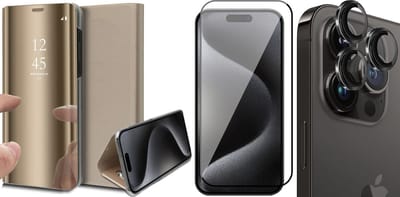 Hoesje geschikt voor iPhone 15 Pro - Screenprotector FullGuard & Camera Lens Screen Protector Zwart - Book Case Spiegel Goud