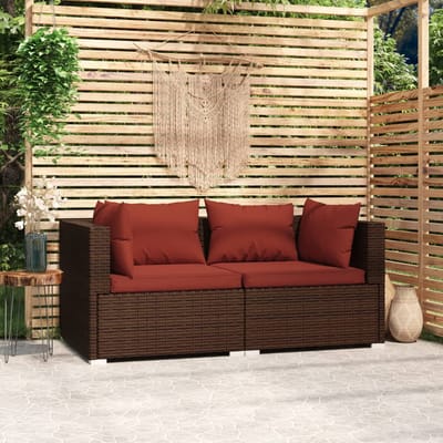 vidaXL - Bank - 2-zits - met - kussens - poly - rattan - bruin