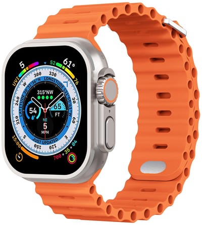 Stravo Sport Siliconen Ocean horlogebandje met metalen insteeksluiting – Geschikt voor Apple Watch 42mm (Series 11/10), 41mm (Series 9/8/7), 40mm (Series 6/5/4, SE 1/2/3), 38mm (Series 3/2/1) – Oranje