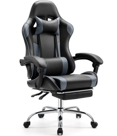 Gaming Stoel - Bureaustoel - Verstelbare Zithoogte - Comfortabel PU Leer - Met Hoofdsteun en Lendensteun - 360° Draaibare Wielen - Duurzaam Metalen Onderstel - Kantoor en Gaming - Grijs