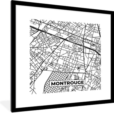 Fotolijst incl. Poster Zwart Wit- Montrouge - Plattegrond - Kaart - Frankrijk - Stadskaart - Zwart wit - 40x40 cm - Posterlijst
