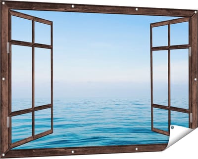 Gards Tuinposter Doorkijk Zee met een Blauw Hemel Achtergrond - 150x100 cm - Tuindoek - Tuindecoratie - Wanddecoratie buiten - Tuinschilderij