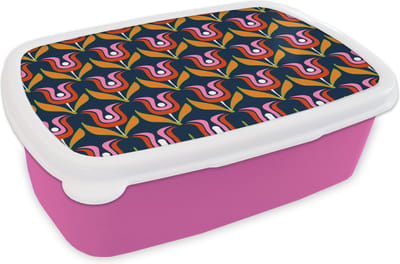 Broodtrommel Roze - Lunchbox Retro - Tulp - Abstract - Design - Brooddoos 18x12x6 cm - Brood lunch box - Broodtrommels voor kinderen en volwassenen