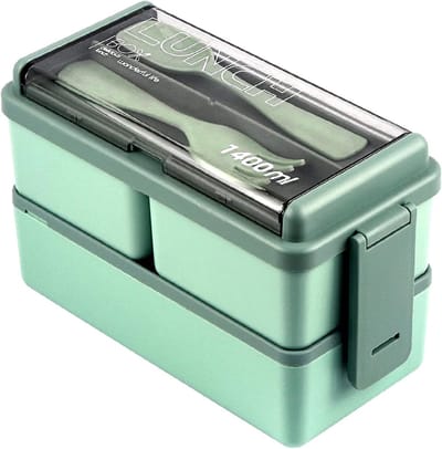 VHV-Lunchbox 1400ml - Bento Box met Bestekset - Stapelbare Maaltijdbox met 3 Vakken - Lekvrije Lunchtrommel voor Werk en School - Magnetron en Vaatwasserbestendig - Groen