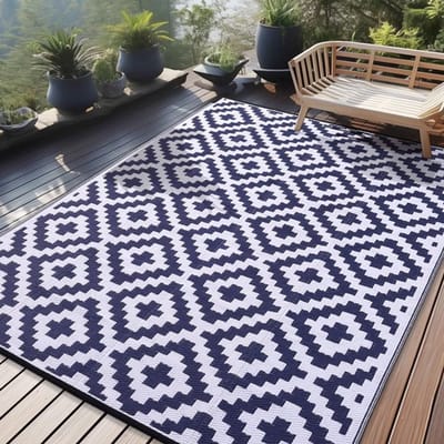 Homaxy - Buitenkleden - Waterdicht Buitenkleed - Buitenkleden - Omkeerbare Plastic Vloerkleden Voor Terras - Camping en Buiten - Donkerblauw en wit - 5*8ft(152*244cm)
