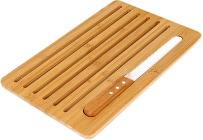 Cheffinger, Broodsnijplank met bamboe mes 41x27cm Gemakkelijk te snijden, Bruin / Beige