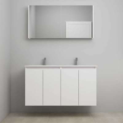 On-Line Badkamermeubelset - 120 cm - Bouwpakket - Greeploos 4 Deuren - Porseleinen Wastafel - 2 Kraangaten - Spiegelkast - Hoogglans Wit