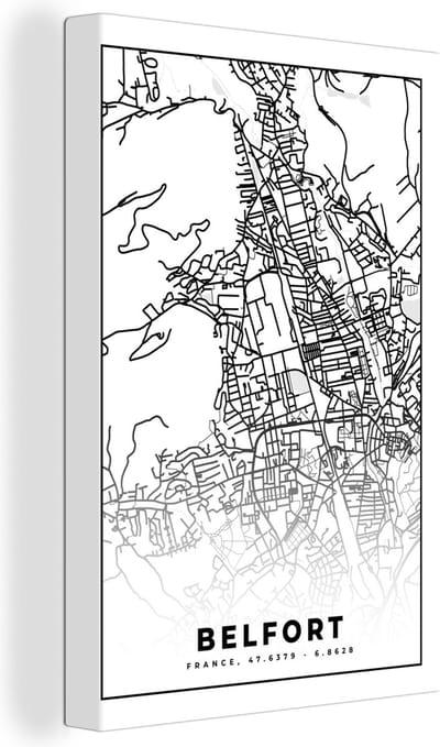 Canvas Schilderij Stadskaart - Belfort - Plattegrond - Kaart - Frankrijk - Zwart wit - 20x30 cm - Wanddecoratie