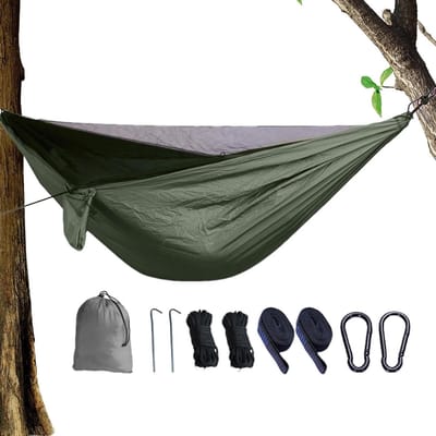 Hangmat met Vliegnet - Reis Hangmat - Buiten Ontspannen - Ademend Nylon Materiaal - 275 x 130 cm - Legergroen