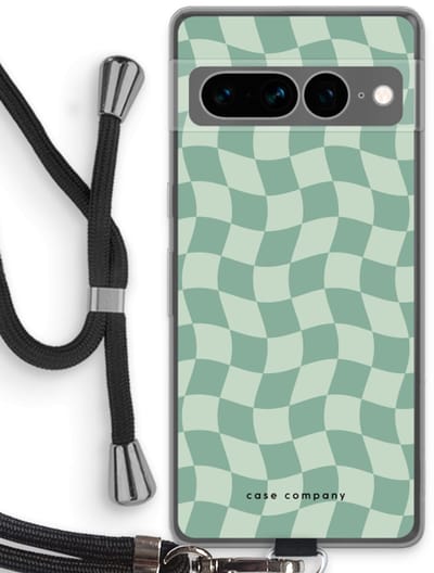 Case Company® - Hoesje met koord geschikt voor Google Pixel 7 Pro hoesje met Koord - Grid Groen - Telefoonhoesje met Zwart Koord - Bescherming aan alle Kanten en Over de Schermrand