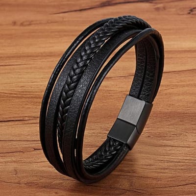 Mode Roestvrijstalen Charm Magnetische Zwarte Heren Armband Leer Echt Gevlochten Punk Rock Bangles Sieraden Accessoires Vriend 21cm black