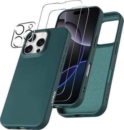 Hoesje Geschikt voor iPhone 16 Pro – Zacht siliconen liquid backcover met 2x screenprotectors gehard glas en 1x lens protector – Pine Groen