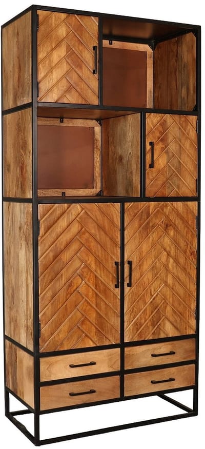 Kast industrieel mangohout Paris bruin mango hout visgraat wandkast 200cm vakkenkast