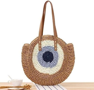 Stro Schoudertas - Geweven Tas - Zomerse Uitjes - Handgeweven Design - 44x41 cm - Lichtbruin