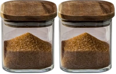 5Five Voorraadpot voedsel - 2x stuks - glas met acacia houten deksel - 600 ml - met luchtdichte deksel
