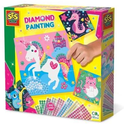 SES Creative - Hobby Pink - Diamond Painting - Vrolijke Dieren - Knutselen Meisjes - 1440 Diamant Stickers met 4 Gekleurde Kaarten - Vanaf 3 jaar