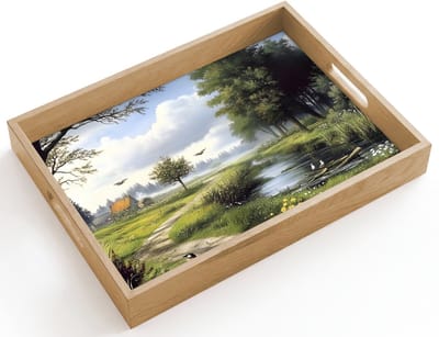 Dienblad hout 40x30 cm - Schootdienblad - Zandpad - Groen landschap - Water - Borrelplank rechthoek - Plateau dienbladen