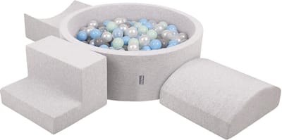 KiddyMoon schuimspeelplaats met rond ballenbad (200 ballen) ballenbakken voor baby's speelbad hindernisbanen, made in the eu, lichtgrijs:pearl/grey/transparent/babyblue/minze