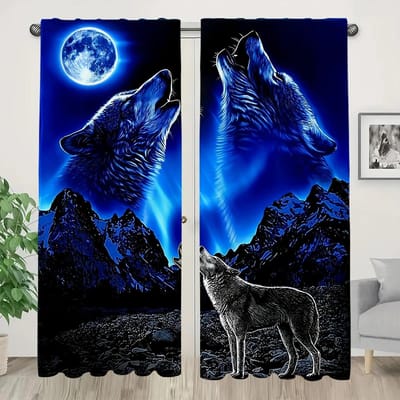 3D Wolf Huilend onder de Maan Gedrukte gordijnen, tunnelzak slaapkamer en woonkamer, huisdecoratie, kamerdecoratie 14Wx39L(35x100CM)x2 blue