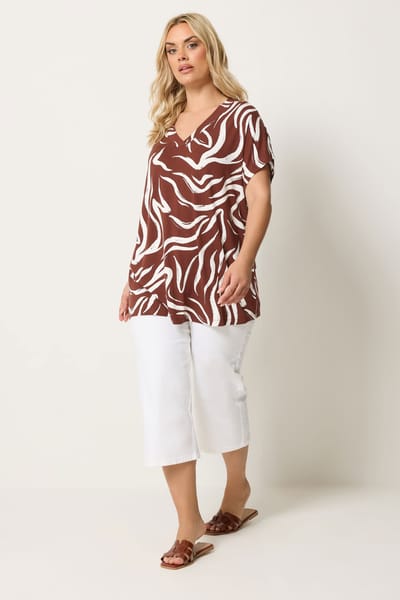 Yours Bruin Tshirt Met Abstracte Print En Aangeknipte Mouwen Size 42