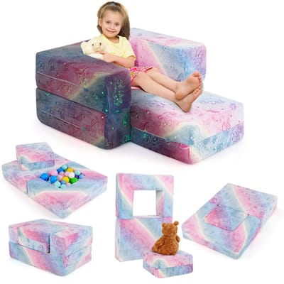 COSTWAY Modulaire kinderbank, lichtgevende speelbank, modulaire bank met afneembare en machinewasbare flanellen hoes, peuterbank voor speelkamer en kinderkamer