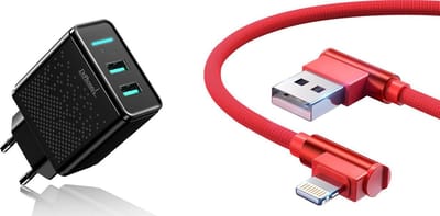 DrPhone - ACC02 - Smart IQ - 5V 2.4A - 2 USB Poorten + 1 Meter Lightning G1 Haakse 90 Graden Oplaad + Data Kabel - Geschikt Voor Apple