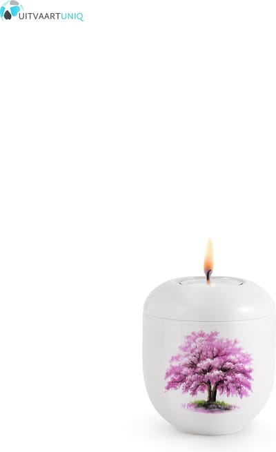 Mini urn Hoogglans wit magnoliaboom – met lichtje