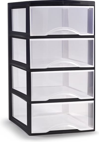 Plasticforte Ladeblokje/bureau organizer met 4x lades - transparant/zwart - L26 x B36 x H49 cm