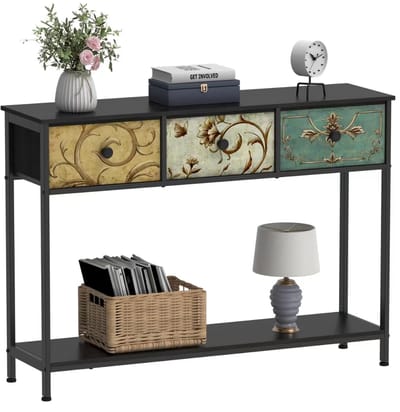 TRANKIELO® - Consoletafel met 3 stoffen laden - Bijzettafel voor gang, woonkamer en slaapkamer - Eenvoudige montage, zwart