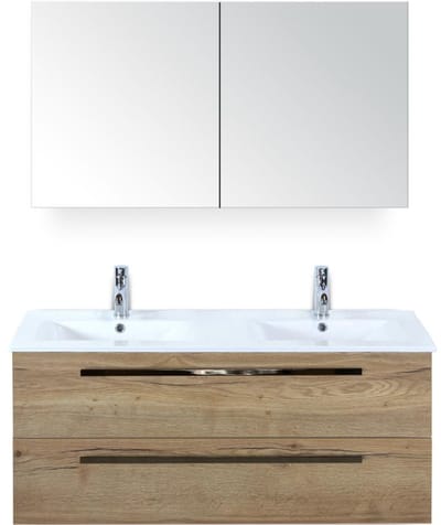 Seville Badmeubelset 120 cm - 2 Laden Natuur Eiken - Wastafel Enjoy Dubbel met Spiegelkast