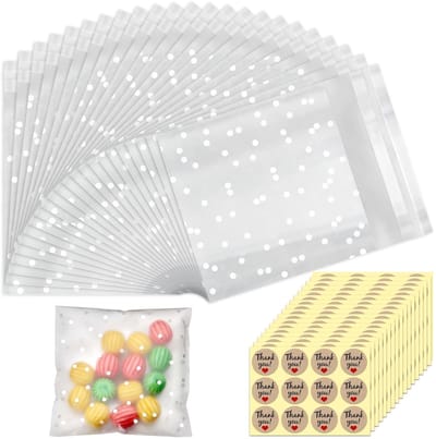 Dailygoods - 200 Stuks 7 x 7 cm Duidelijke Cookie Cake Koekje Polka Dot Opp Kleine Cellofaanzoete Plastic Snoepzakken Zelfklevende Koekjesverpakking Omslag Duidelijke Zelfklevende Zakjes Diy voor Voedsel Koekje