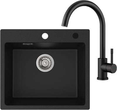 CECIPA max Granieten spoelbakken Zwart - Spoelbak voor keuken 50x45 cm - Spoelbak Keuken Met Keukenkraan - Enkele Spoelbak Met waterafvoersysteem