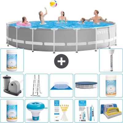 Intex Rond Prism Frame Zwembad - 548 x 122 cm - Grijs - Inclusief Pomp - Ladder - Grondzeil - Afdekzeil Chloor - Chloordrijver - Testrips - Reparatiesetje - Scrubborstel - PH-waarde - PH-waarde - Thermometer