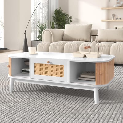 Rotan Salontafel - Landelijke Tafel - Woonkamer Decoratie - Handgevlochten Rotan - 110 x 55 x 38.5 cm - Wit Natuurlijk