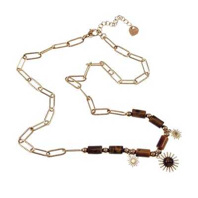 Paperclip Ketting met Tijgeroog Dames - Stalen Goud Kleur - Schakelketting