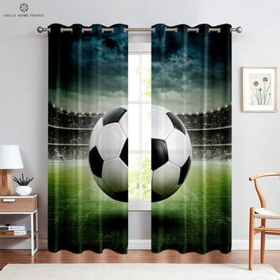 Gordijnen met voetbalprint Aquarelkleur Sport Jongens Kinderkamer Woonkamer Keukendecoratie Raamgordijnen Kunnen worden aangepast W50xH130(CM)x2PCS&Grommet Top black