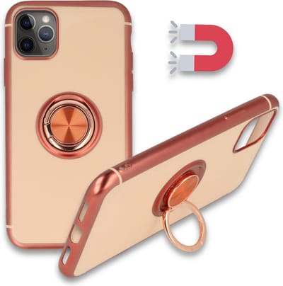 HB Hoesje Geschikt voor Apple iPhone 11 Pro - Rosegoud - Siliconen Back Cover met Ring Kickstand - Geschikt voor Magneet Houders