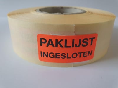 Sticker met "Paklijst ingesloten" erop - Formaat: 40 x 20 mm - Materiaal: rood radiant
