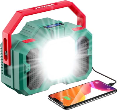 Homesy - Draagbare FM-radio, 4 in 1 oplaadbare 1500 lm dimbare LED-werklamp, multifunctionele LED-schijnwerper, draadloze Bluetooth-luidspreker, 8000 mAh powerbank, voor kamperen, wandelen