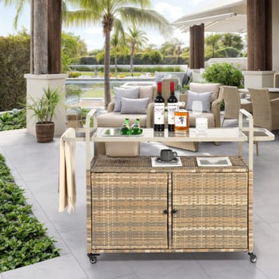 Buitenbartafel, rieten barwagen met kast, serveerwagen voor op het terras met stalen blad, met één ijsemmer, afsluitbare wielen, zijmand voor tuin, zwembad en achtertuin, beige
