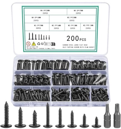 Thijox - 200 Stuks M4,8 M3,9 Dunwandige Zelfborende Schroeven Set - Zwarte Carrosserieschroeven met Torx - Platkopschroeven en Schijfkopschroeven - Ho